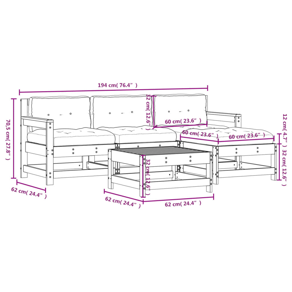 -Delige Loungeset Met Kussens Massief Hout Natuurlijk grenenhout