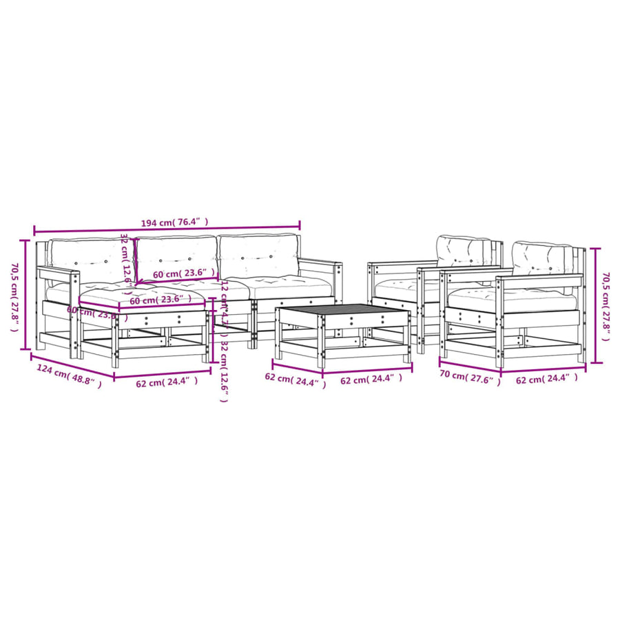 -Delige Loungeset Met Kussens Massief Hout Wit Wit grenenhout
