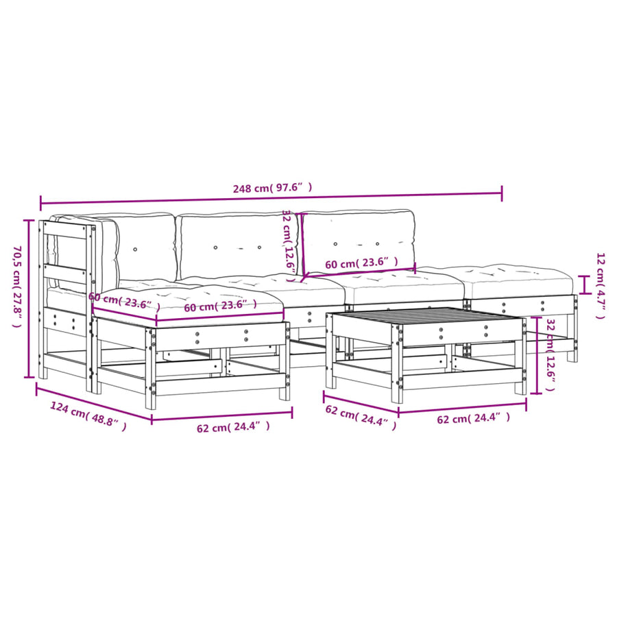 Loungeset Met Kussens Massief Hout Wit Wit grenenhout