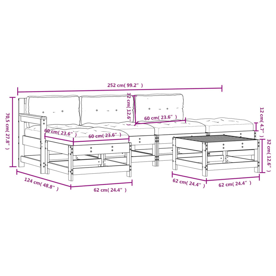 -Delige Loungeset Met Kussens Massief Hout Grijs Grijs grenenhout