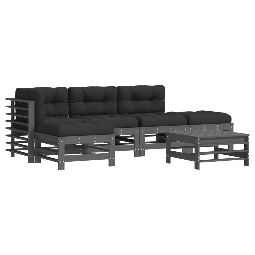-Delige Loungeset Met Kussens Massief Hout Grijs Grijs grenenhout