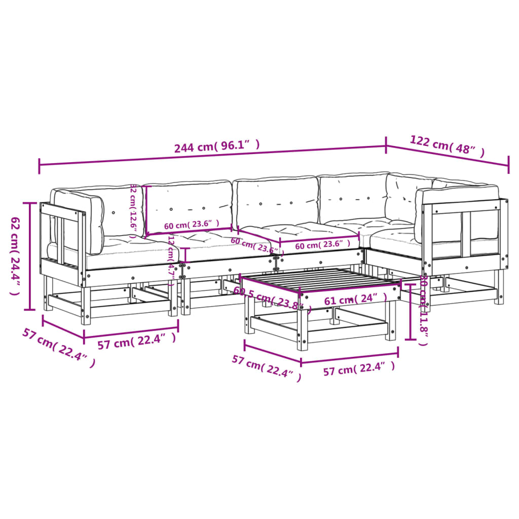 -Delige Loungeset Met Kussens Massief Hout Wit Wit grenenhout