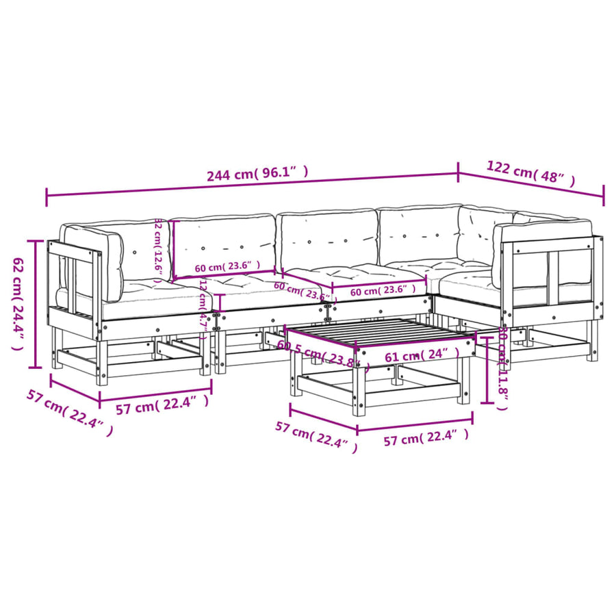 -Delige Loungeset Met Kussens Massief Hout Wit Wit grenenhout