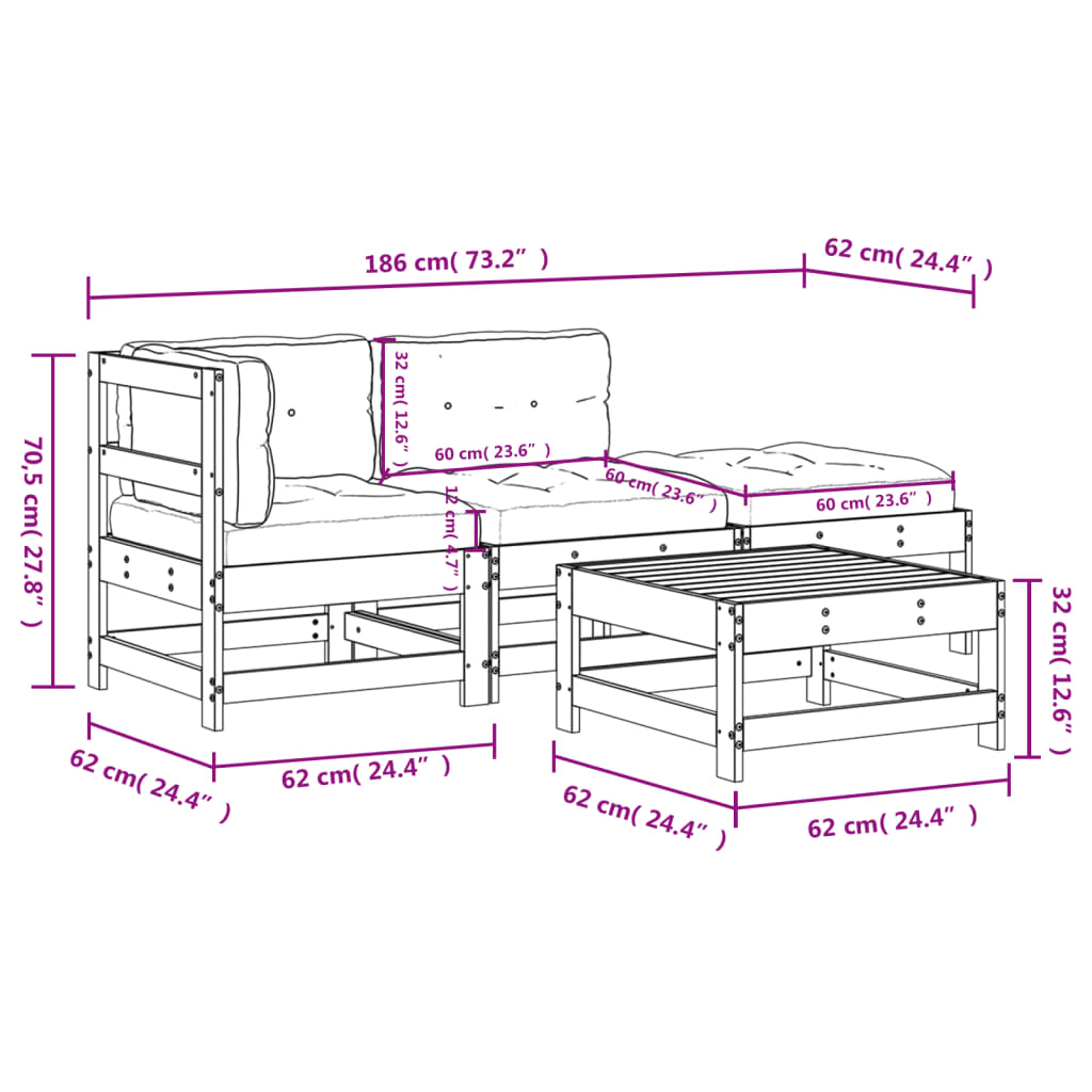 -Delige Loungeset Met Kussens Massief Douglashout Natuurlijk douglashout