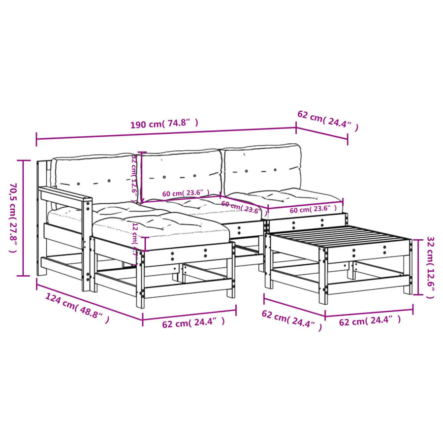 -Delige Loungeset Met Kussens Massief Hout Wit Wit grenenhout