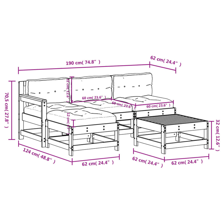-Delige Loungeset Met Kussens Massief Hout Grijs Grijs grenenhout