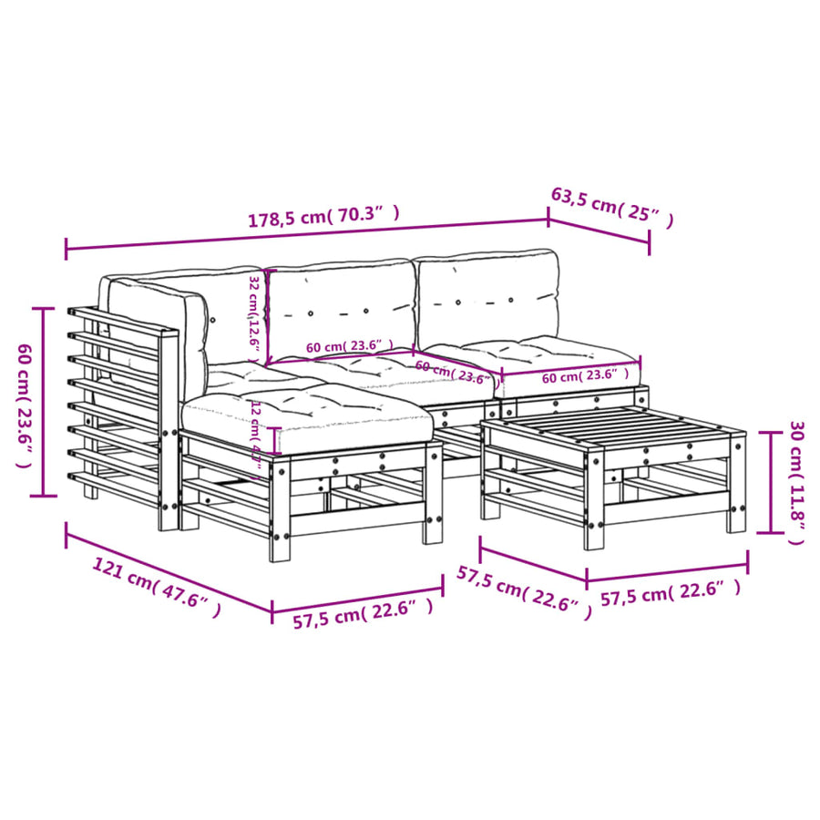 -Delige Loungeset Met Kussens Massief Hout Wit Wit grenenhout
