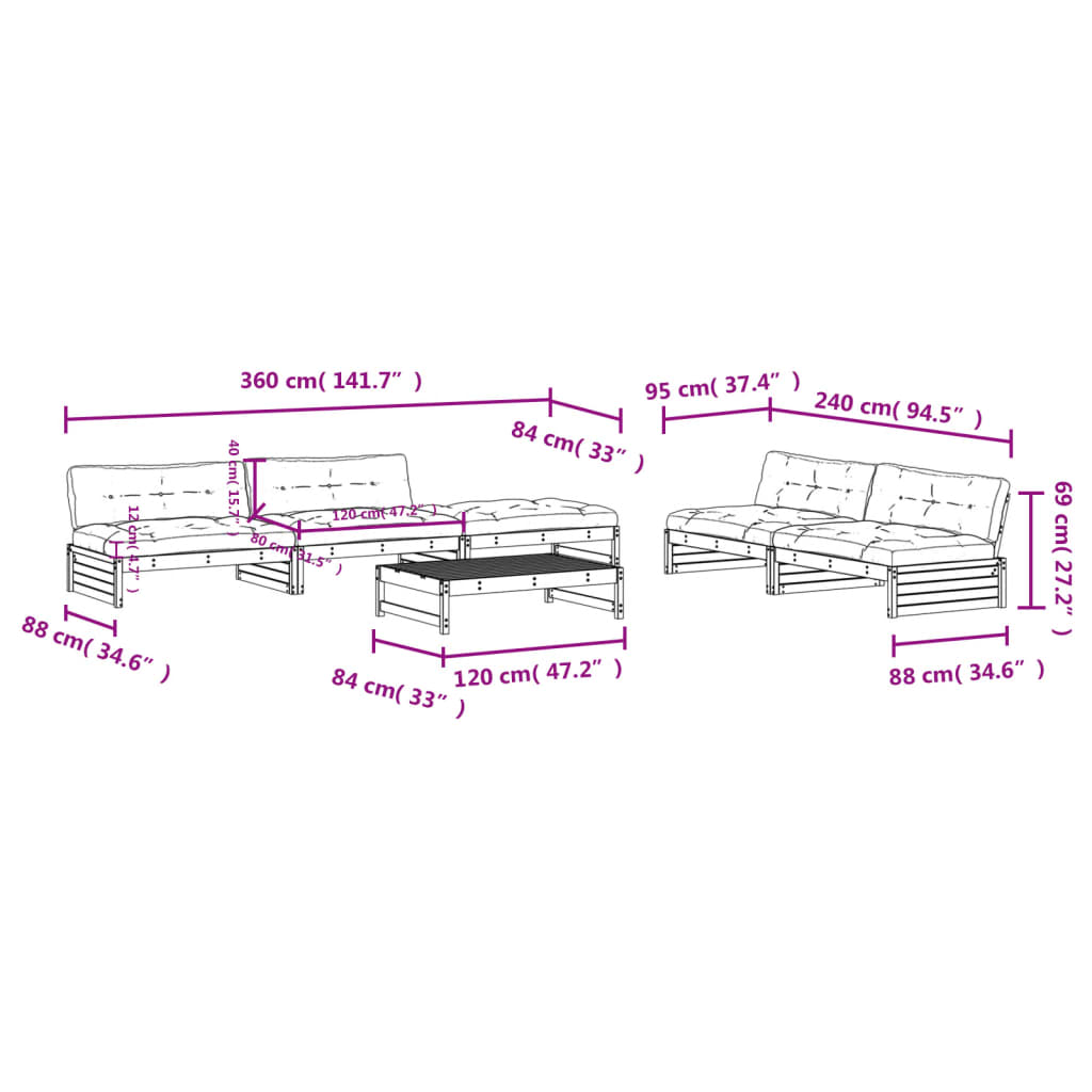 -Delige Loungeset Met Kussens Massief Douglashout Natuurlijk douglashout