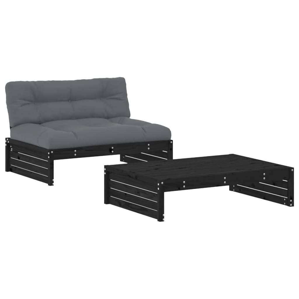 -Delige Loungeset Met Kussens Massief Hout Zwart Zwart grenenhout