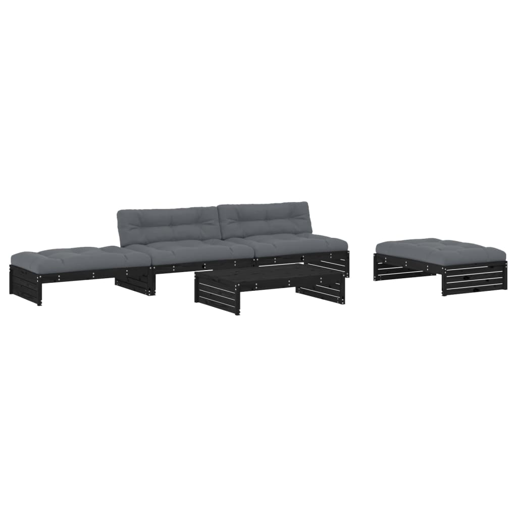 -Delige Loungeset Met Kussens Massief Hout Zwart Zwart grenenhout