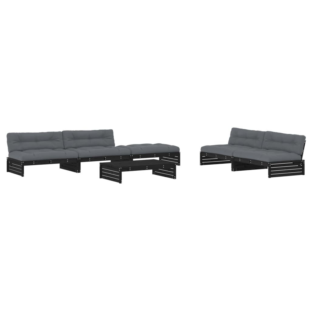 -Delige Loungeset Met Kussens Massief Hout Zwart Zwart grenenhout
