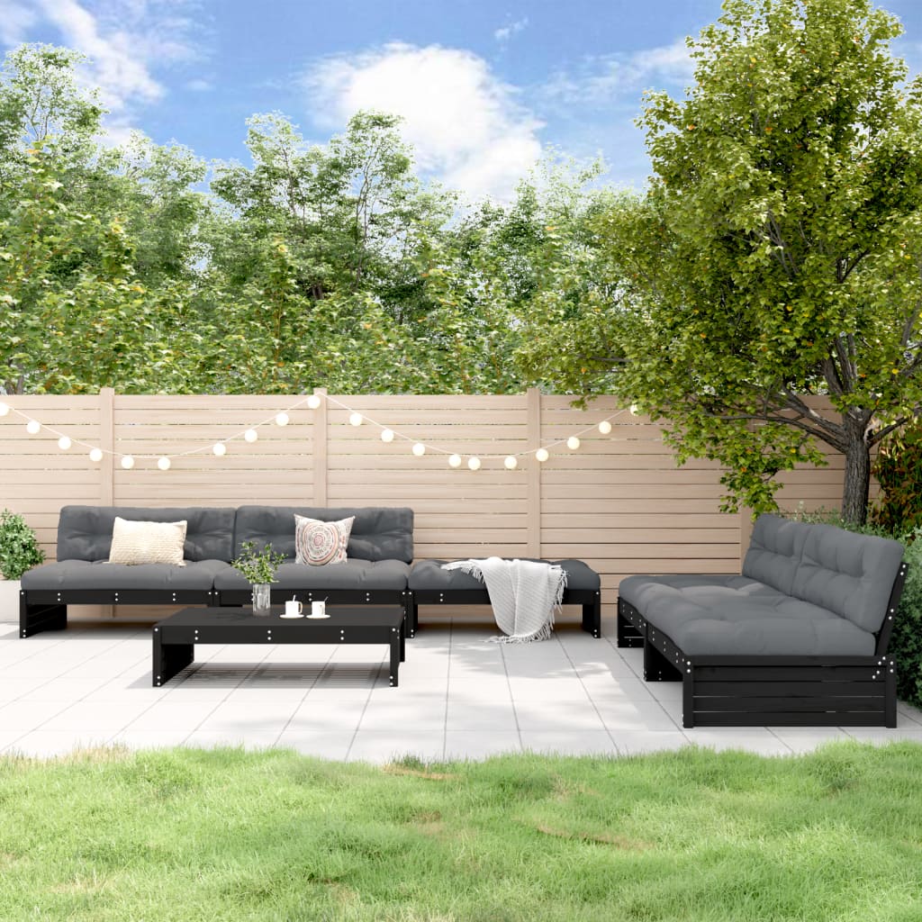 -Delige Loungeset Met Kussens Massief Hout Zwart Zwart grenenhout