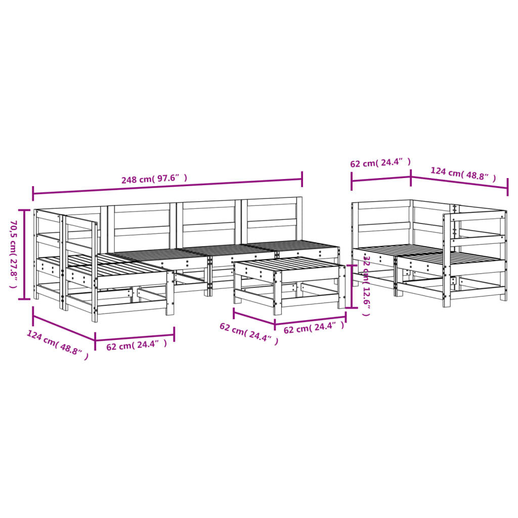 8-delige Loungeset massief grenenhout wit Wit grenenhout