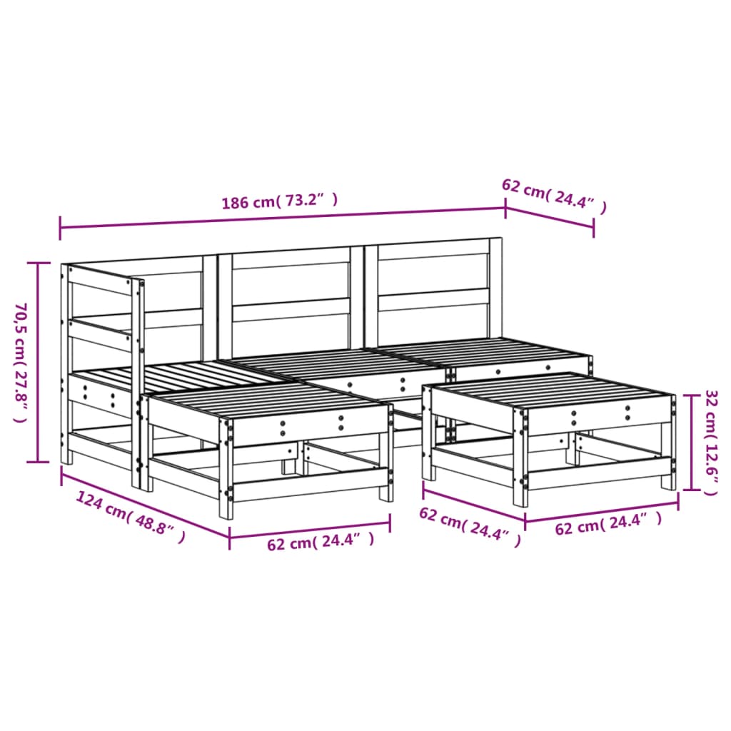 5-delige Loungeset massief grenenhout wit Wit