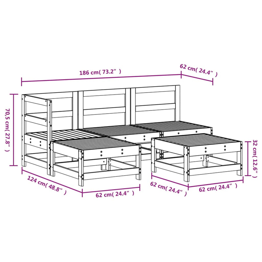 5-delige Loungeset massief grenenhout wit Wit