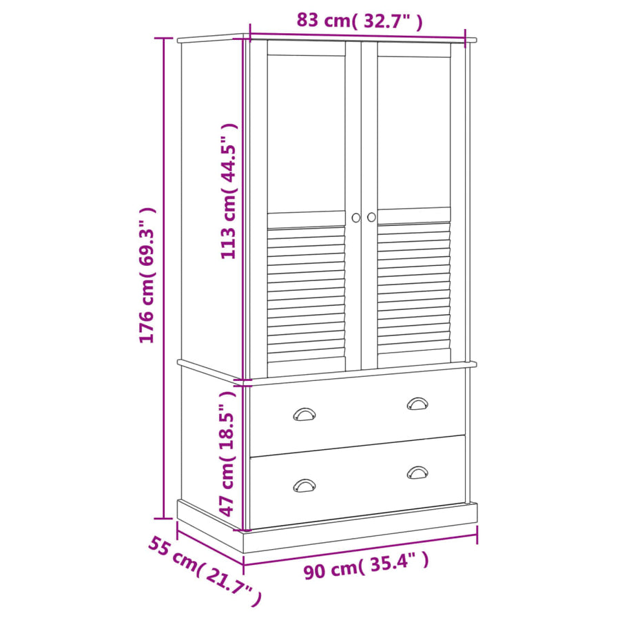 Kledingkast Vigo 90X55X176 Cm Massief Grenenhout Wit