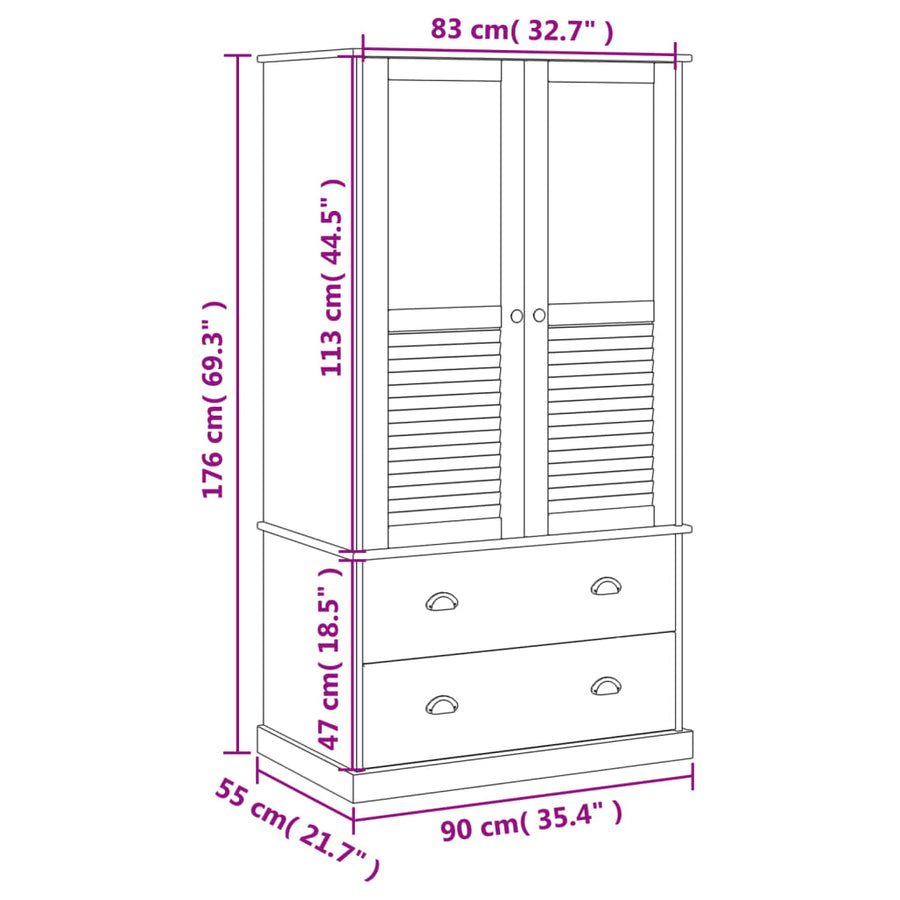Kledingkast Vigo 90X55X176 Cm Massief Grenenhout Grijs