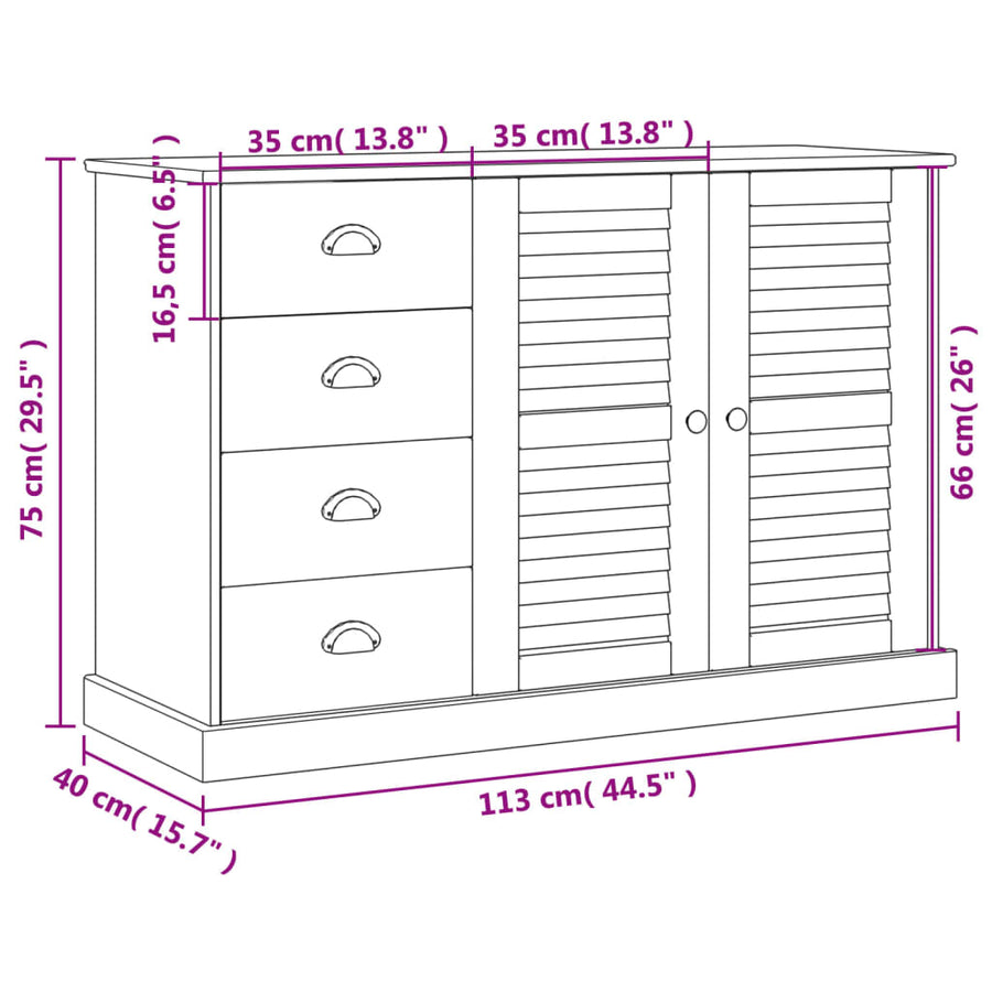 Dressoir Met Lades Vigo 113X40X75 Cm Massief Grenenhout Wit