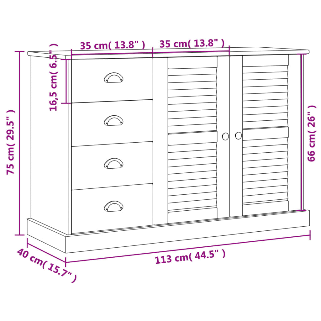 Dressoir Met Lades Vigo 113X40X75 Cm Massief Grenenhout Grijs