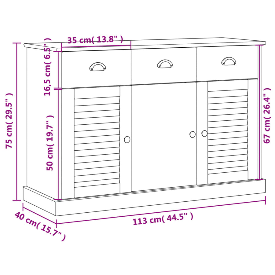 Dressoir Met Lades Vigo 113X40X75 Cm Massief Grenenhout Wit