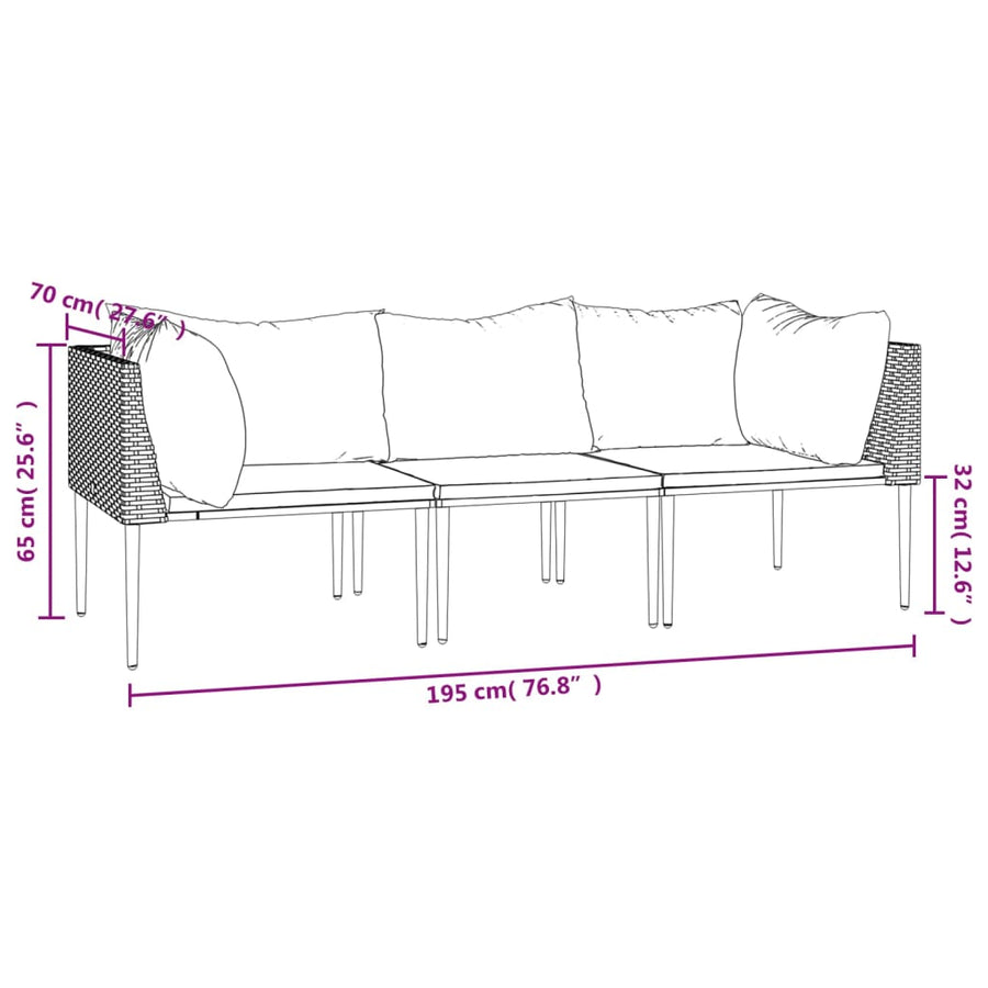 3-delige Loungeset met kussens poly rattan grijs