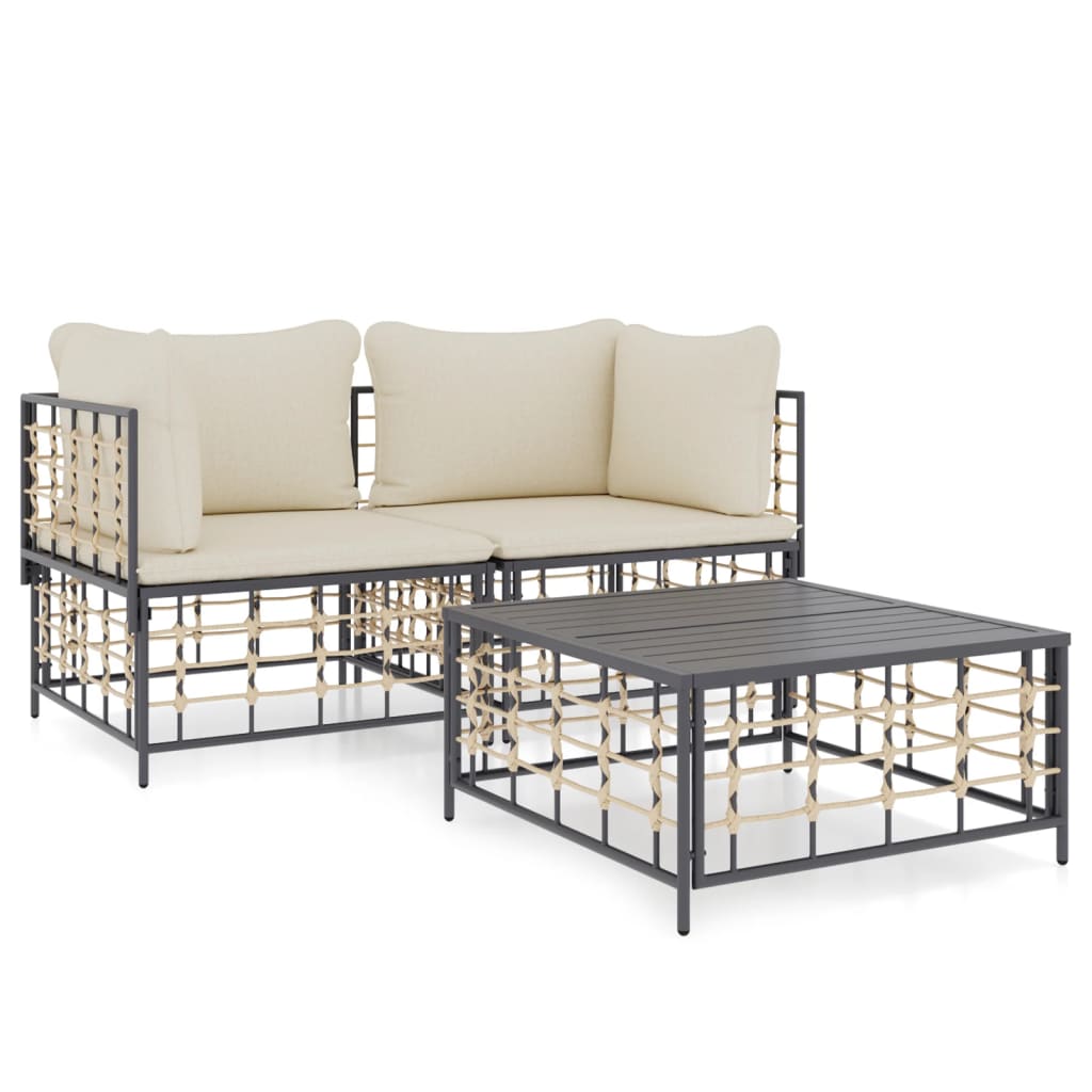 3-Delige Loungeset Met Kussens Poly Rattan Antracietkleurig Beige 2x hoek + Tafel
