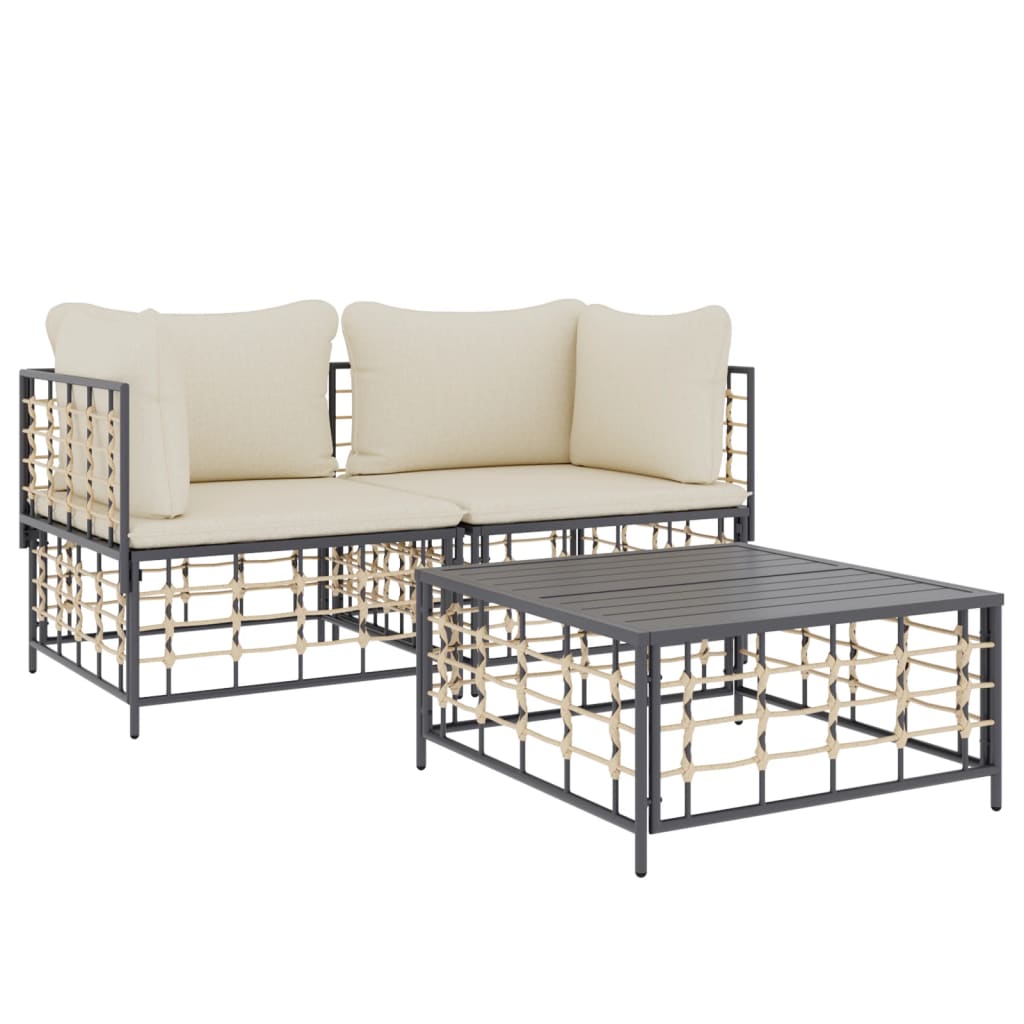 3-Delige Loungeset Met Kussens Poly Rattan Antracietkleurig Beige 2x hoek + Tafel