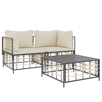 3-Delige Loungeset Met Kussens Poly Rattan Antracietkleurig Beige 2x hoek + Tafel