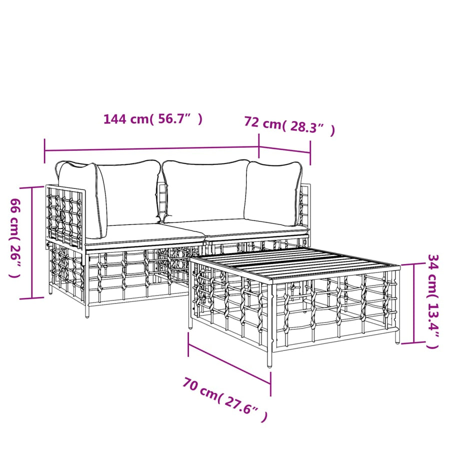 3-Delige Loungeset Met Kussens Poly Rattan Antracietkleurig Beige 2x hoek + Tafel