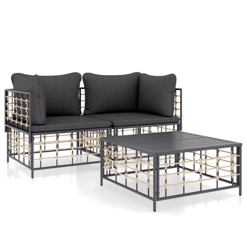 3-Delige Loungeset Met Kussens Poly Rattan Antracietkleurig
