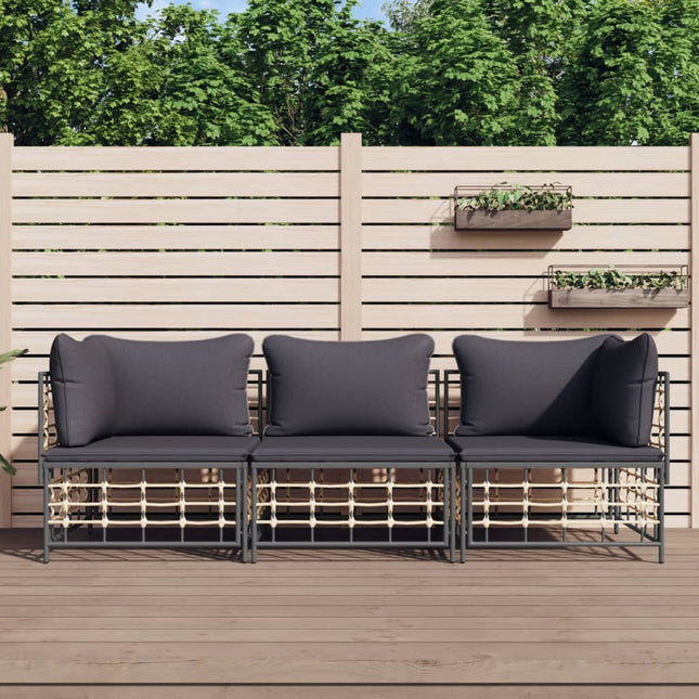 3-Delige Loungeset Met Kussens Poly Rattan Antracietkleurig Donkergrijs 2x hoek + midden