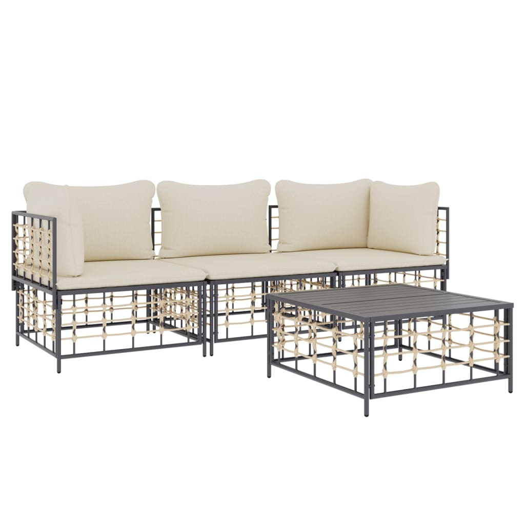 4-Delige Loungeset Met Kussens Poly Rattan Antracietkleurig Beige 2x hoek + midden + Tafel