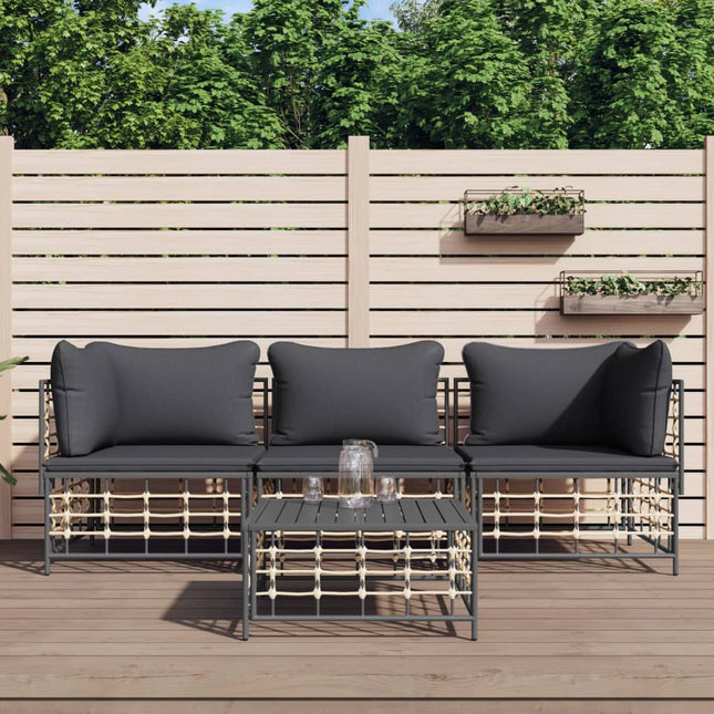 4-Delige Loungeset Met Kussens Poly Rattan Antracietkleurig Donkergrijs 2x hoek + midden + Tafel