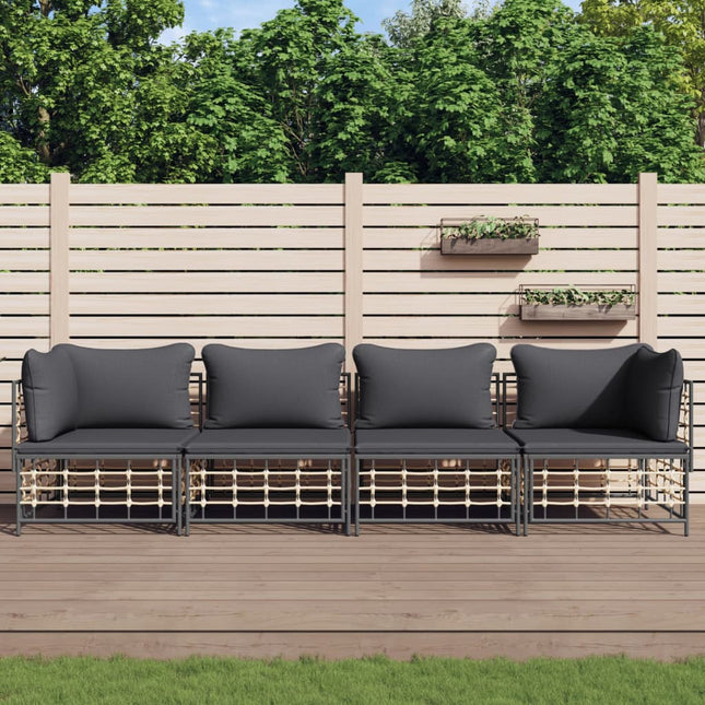 4-Delige Loungeset Met Kussens Poly Rattan Antracietkleurig Donkergrijs 2x hoek + 2x midden