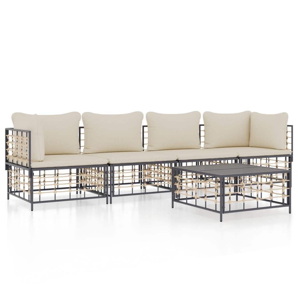 5-Delige Loungeset Met Kussens Poly Rattan Antracietkleurig
