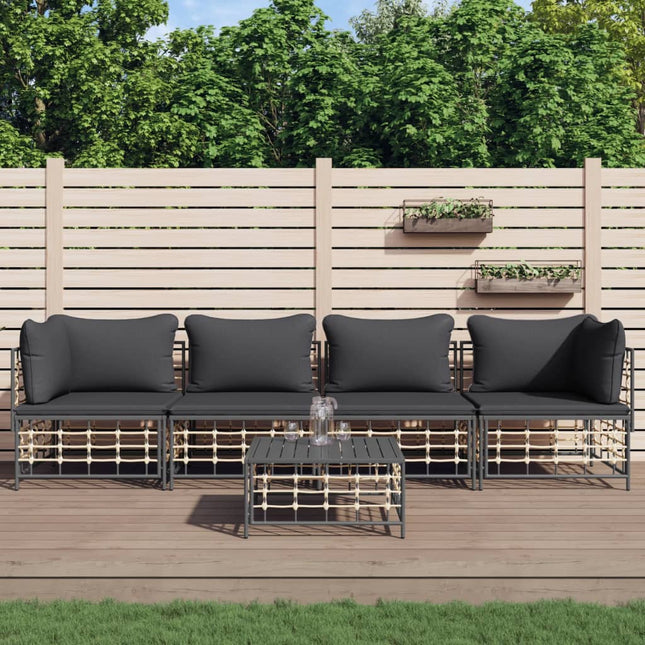 5-Delige Loungeset Met Kussens Poly Rattan Antracietkleurig Donkergrijs 2x hoek + 2x midden + Tafel