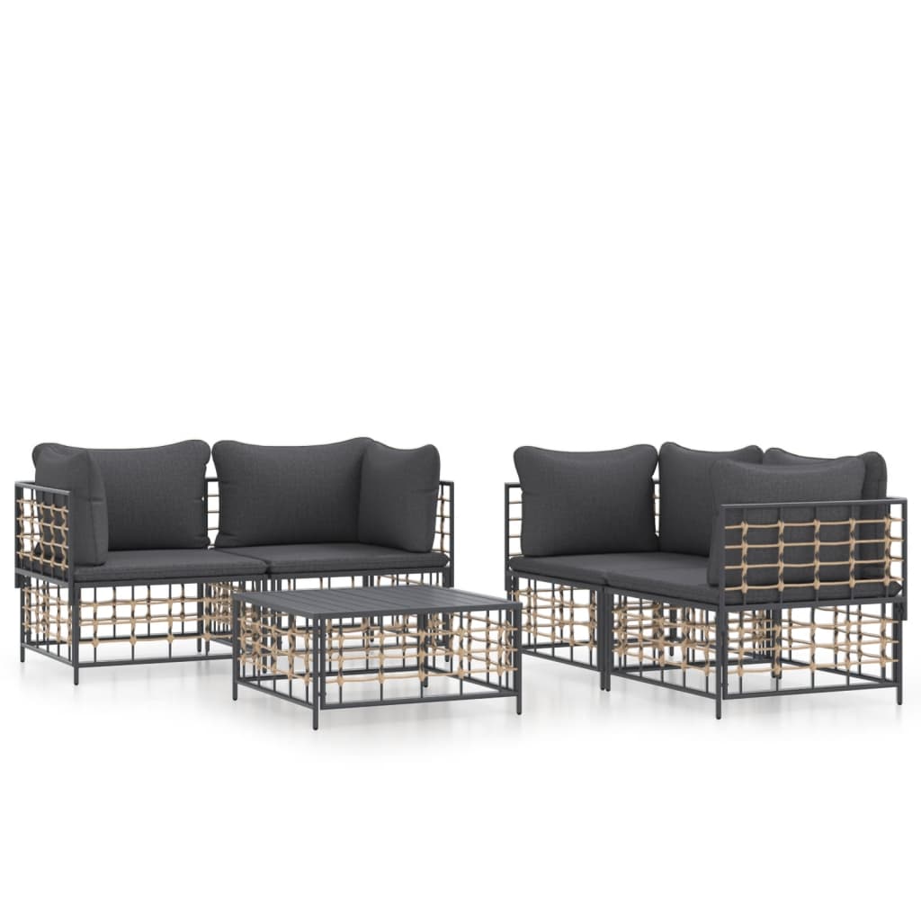 5-Delige Loungeset Met Kussens Poly Rattan Antracietkleurig Donkergrijs 4x hoek + Tafel