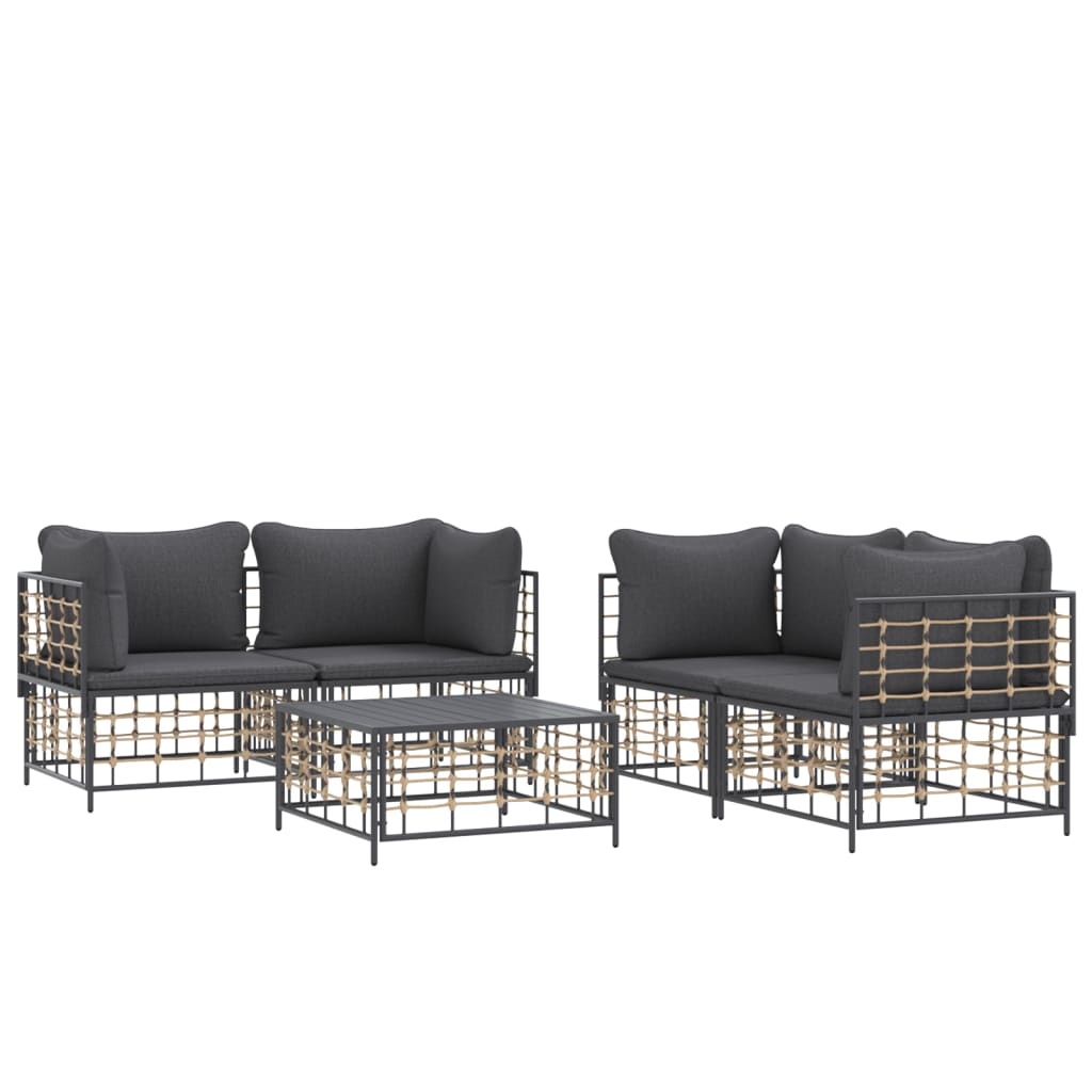 5-Delige Loungeset Met Kussens Poly Rattan Antracietkleurig Donkergrijs 4x hoek + Tafel