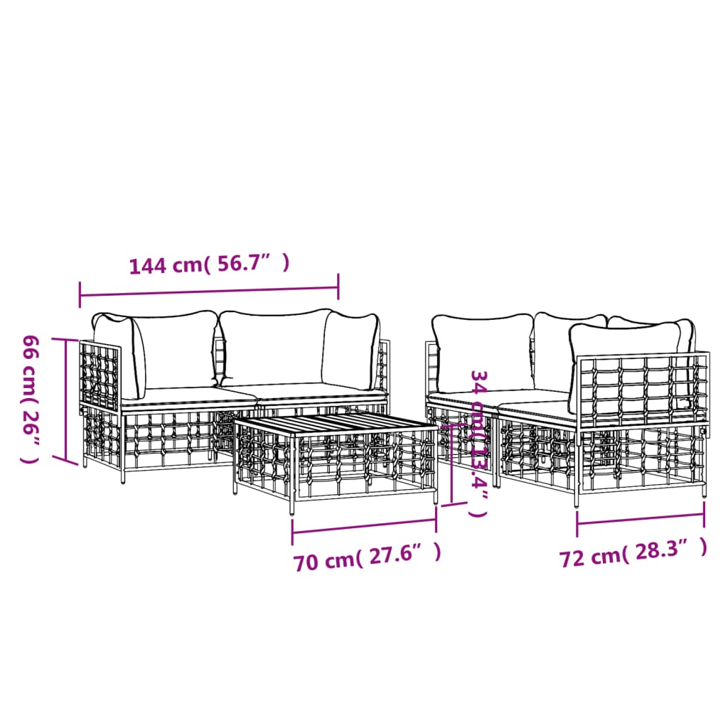 5-Delige Loungeset Met Kussens Poly Rattan Antracietkleurig Donkergrijs 4x hoek + Tafel