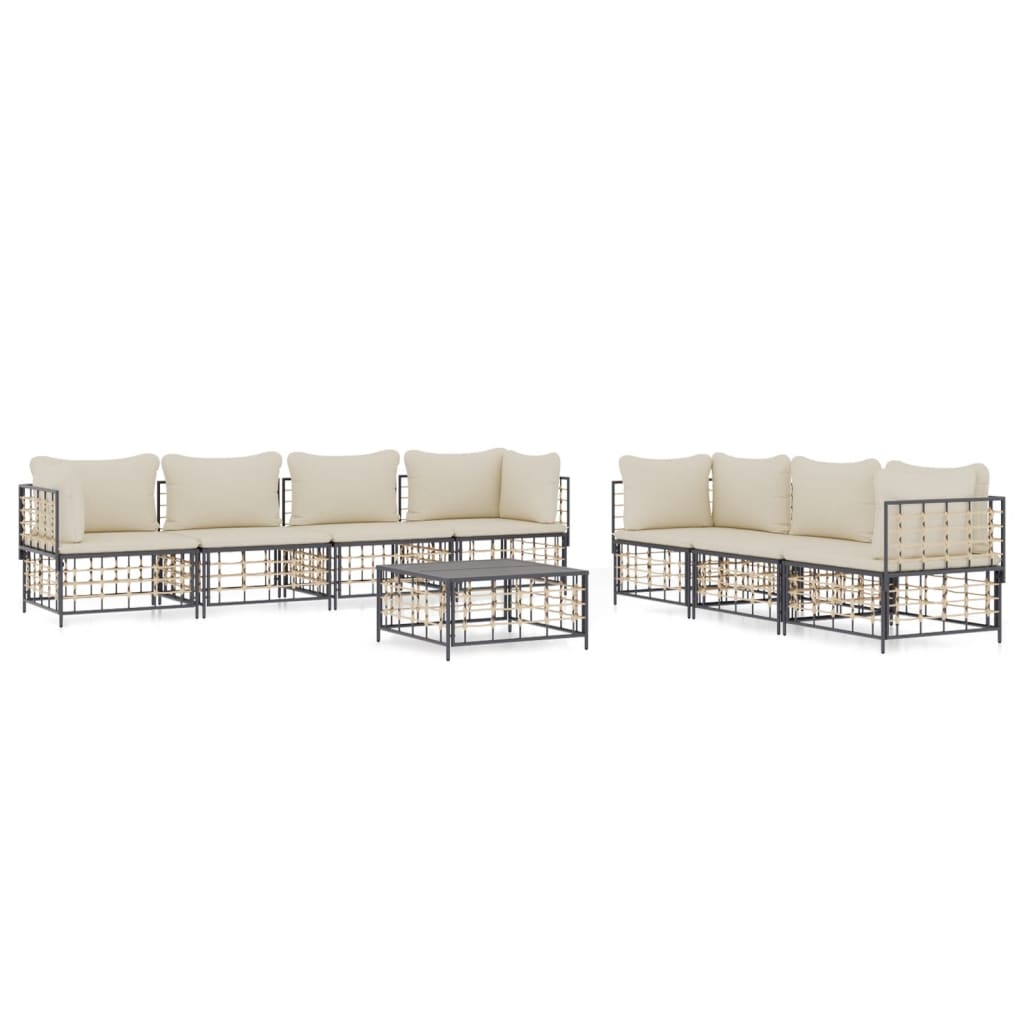 8-Delige Loungeset Met Kussens Poly Rattan Antracietkleurig Beige 4x hoek + 3x midden + Tafel