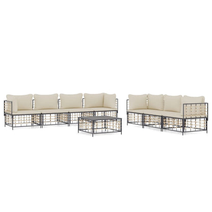 8-Delige Loungeset Met Kussens Poly Rattan Antracietkleurig Beige 4x hoek + 3x midden + Tafel