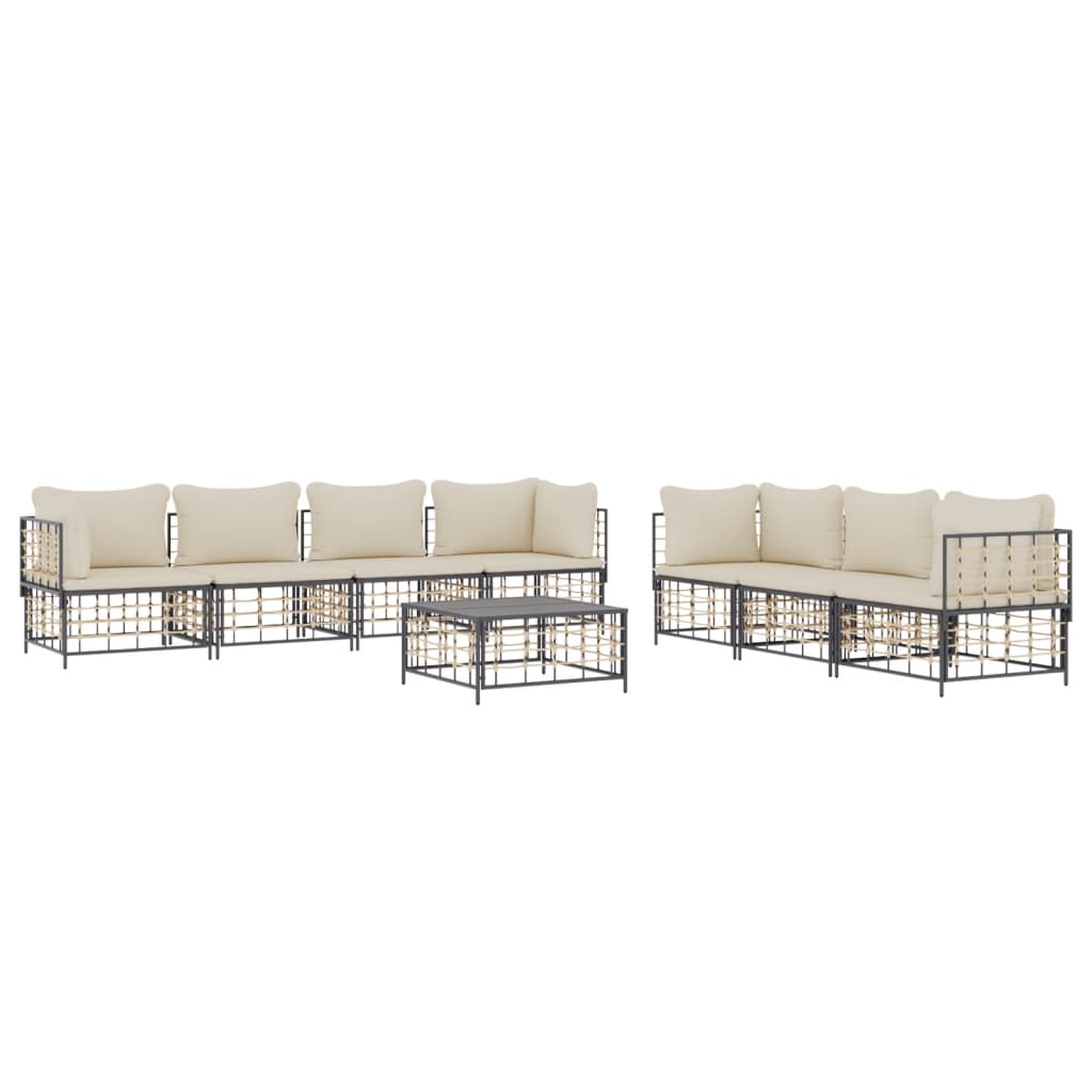 8-Delige Loungeset Met Kussens Poly Rattan Antracietkleurig Beige 4x hoek + 3x midden + Tafel