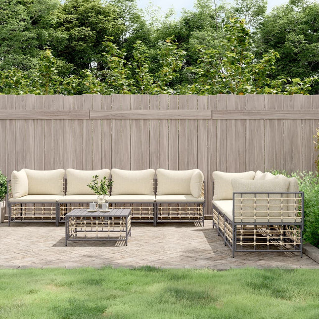 8-Delige Loungeset Met Kussens Poly Rattan Antracietkleurig Beige 4x hoek + 3x midden + Tafel