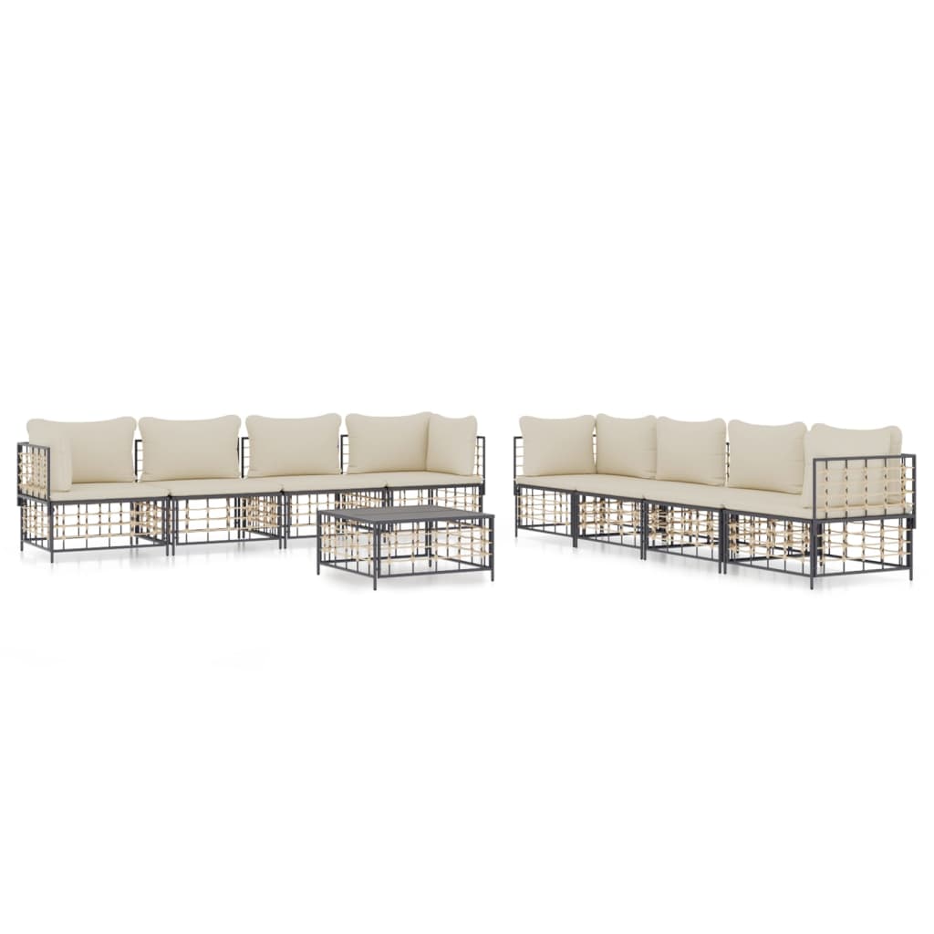 9-Delige Loungeset Met Kussens Poly Rattan Antracietkleurig Beige 4x hoek + 4x midden + Tafel
