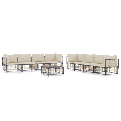 9-Delige Loungeset Met Kussens Poly Rattan Antracietkleurig Beige 4x hoek + 4x midden + Tafel