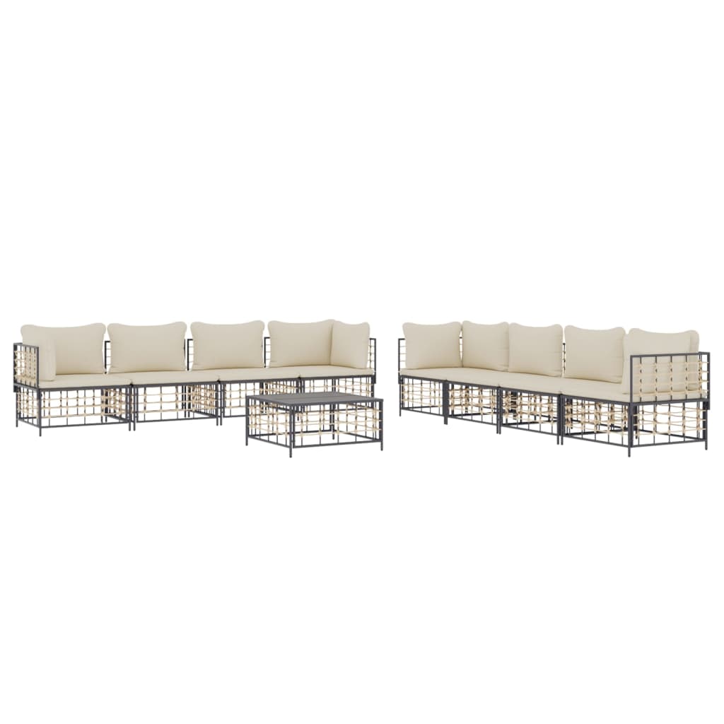 9-Delige Loungeset Met Kussens Poly Rattan Antracietkleurig Beige 4x hoek + 4x midden + Tafel
