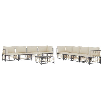 9-Delige Loungeset Met Kussens Poly Rattan Antracietkleurig Beige 4x hoek + 4x midden + Tafel