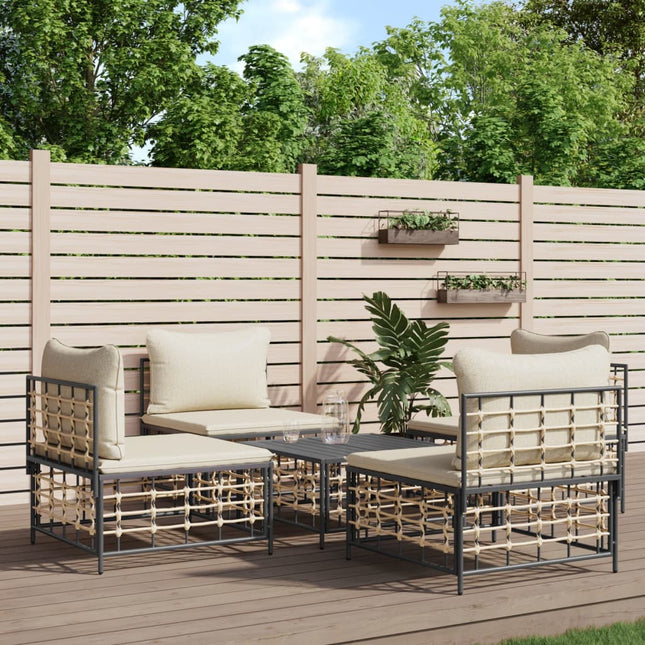 -Delige Loungeset Met Kussens Poly Rattan Antracietkleurig Beige