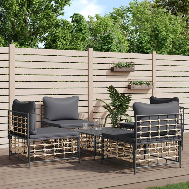 -Delige Loungeset Met Kussens Poly Rattan Antracietkleurig Donkergrijs