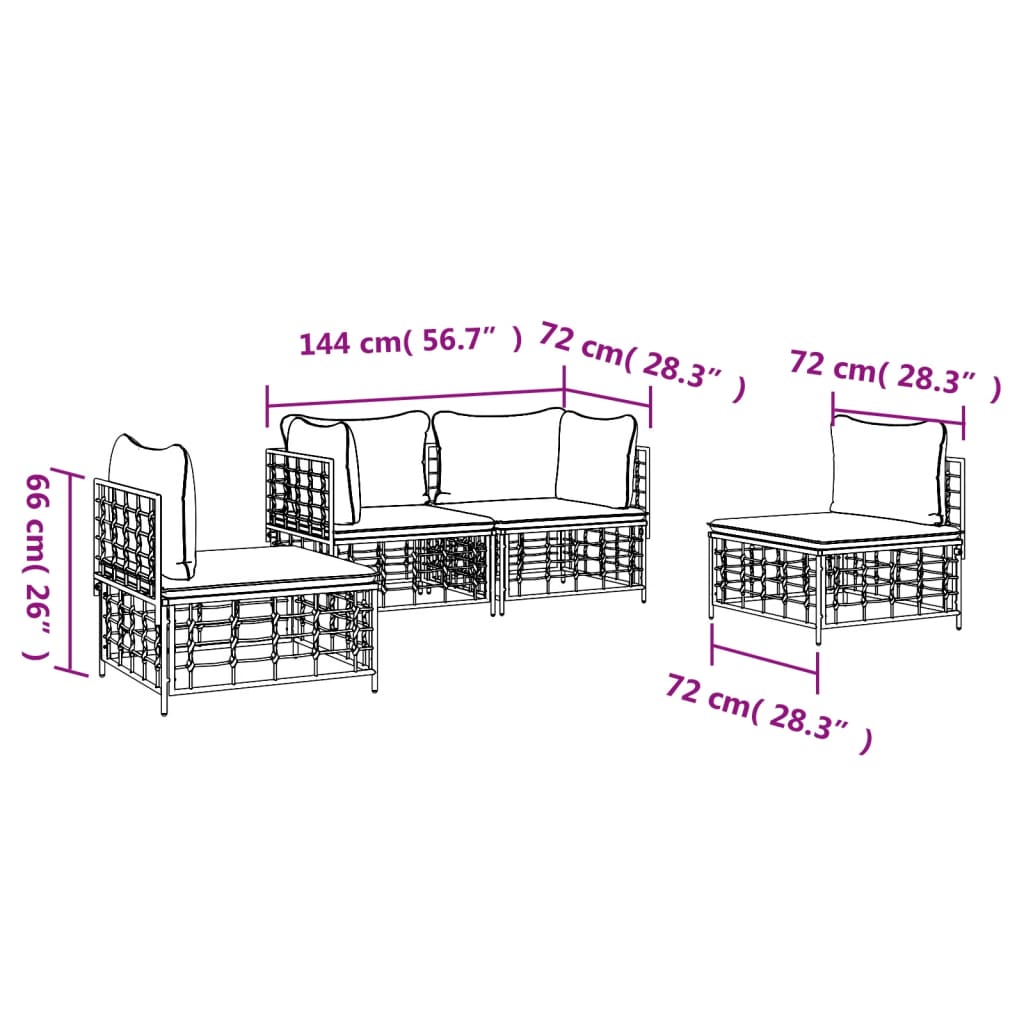 4-Delige Loungeset Met Kussens Poly Rattan Antracietkleurig Donkergrijs 2x hoek + 2x midden